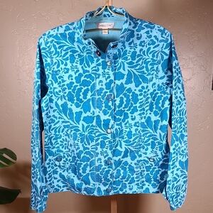 Coldwater Creek Bright Teal Blue Floral Button-Up Jacket 100% Cotton Size XS